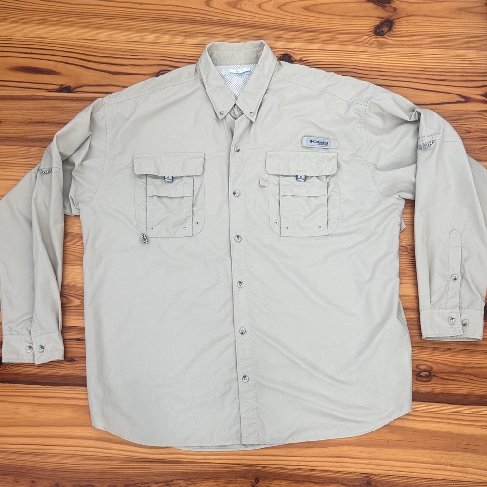EUC Columbia PFG Men's Bahama II long sleeve fishing shirt Khaki color Fossil XL